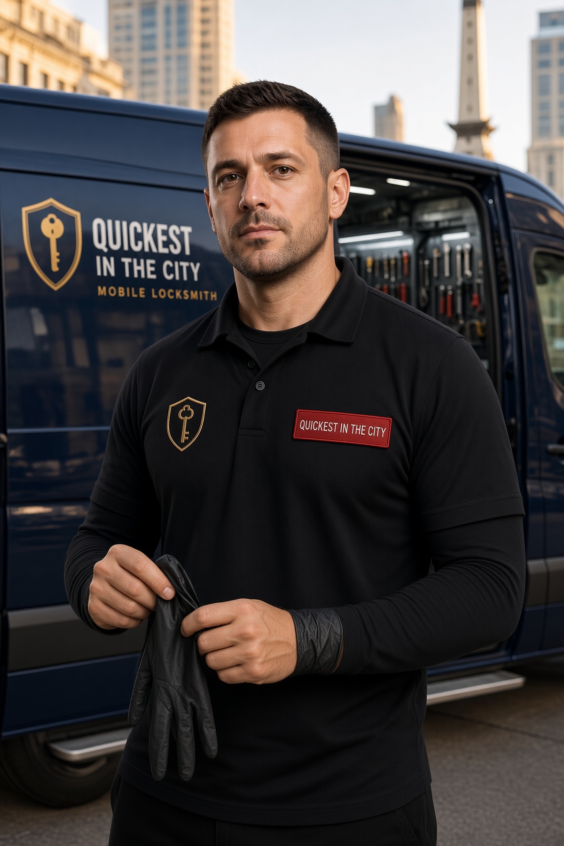 Licensed Indianapolis mobile locksmith in uniform beside a branded van